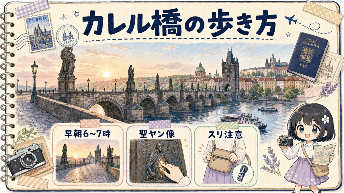 カレル橋の早朝時間帯、聖ヤン像、スリ注意を示したプラハ旅行ノート風イラスト