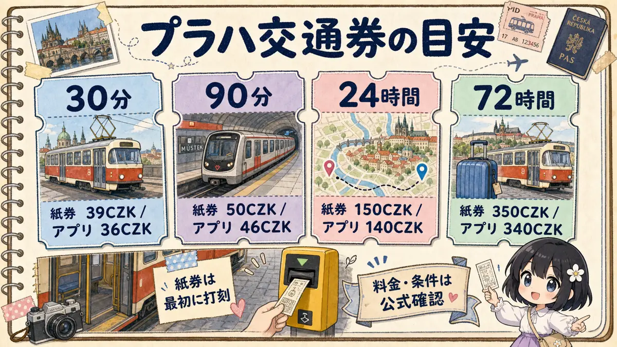 プラハ市内交通の30分、90分、24時間、72時間チケット料金と紙券打刻の注意点をまとめた図解