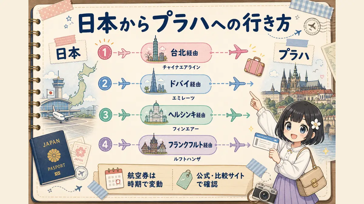 日本からプラハへ台北、ドバイ、ヘルシンキ、フランクフルト経由で向かうルート比較図