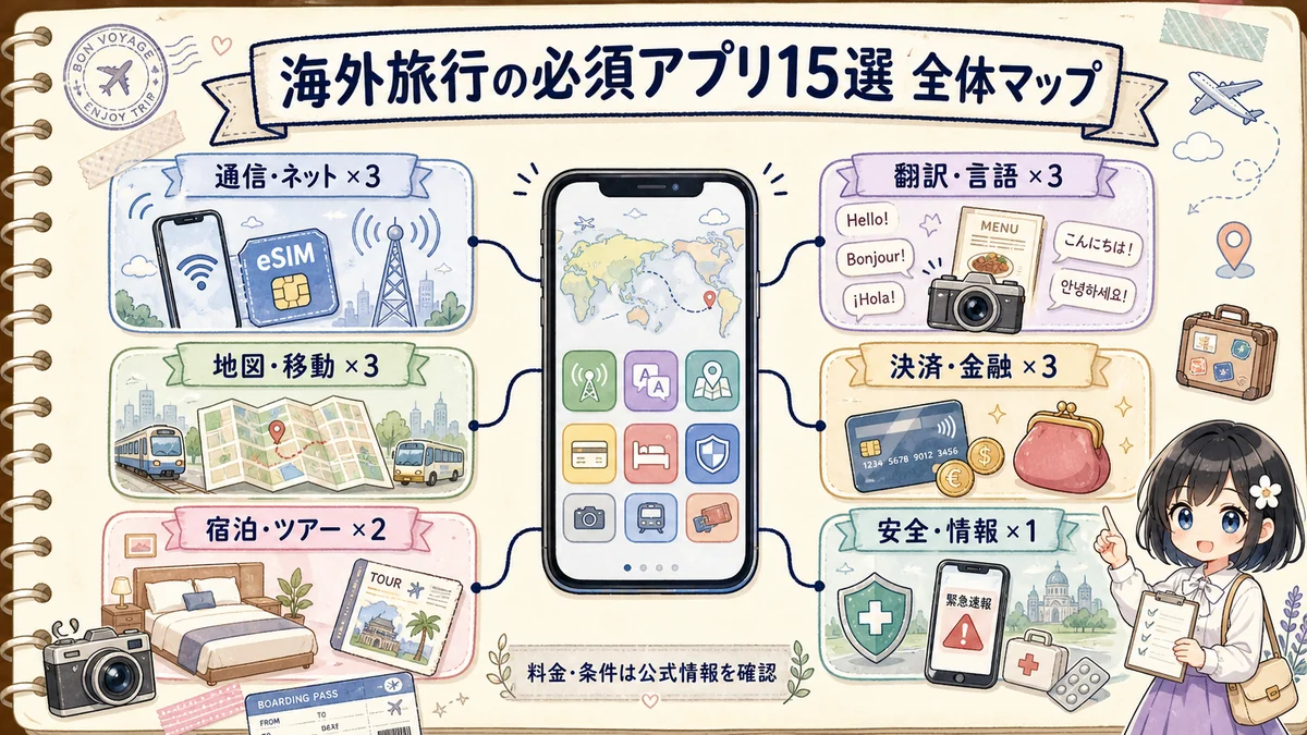 海外旅行の必須アプリ15選を6カテゴリに分けた全体マップ図