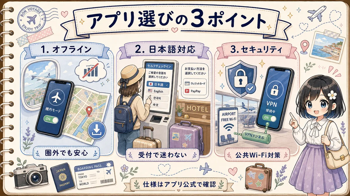 海外旅行アプリ選びの3ポイントを説明する図解