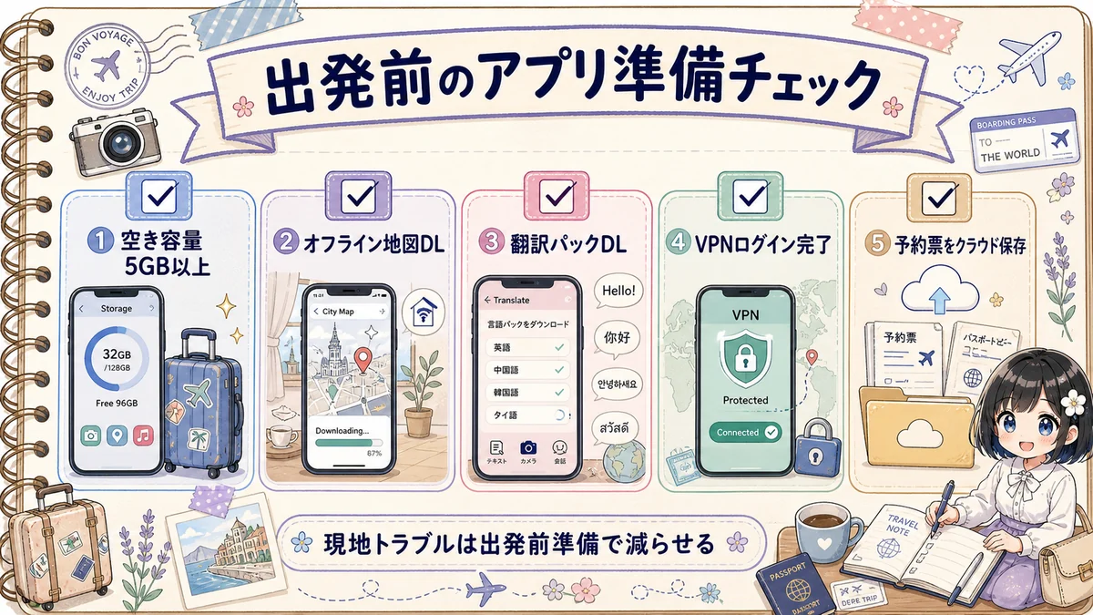 海外旅行アプリの出発前準備チェックリスト図