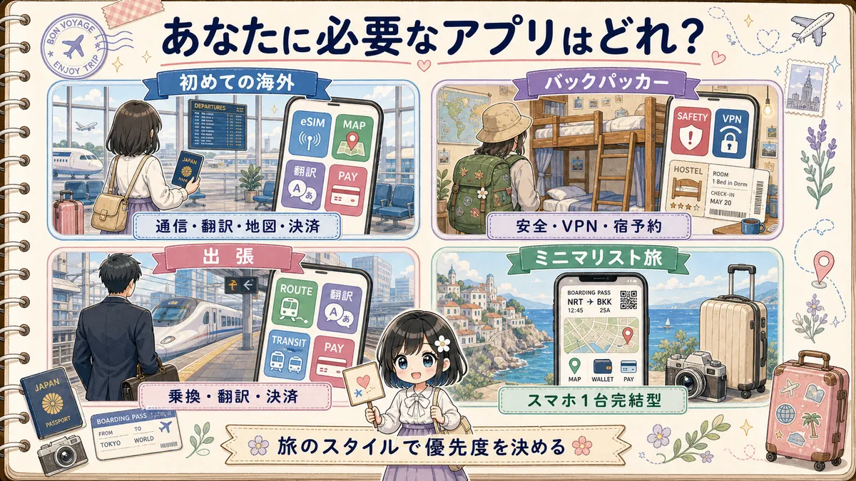 旅行タイプ別に必要な海外旅行アプリカテゴリの早見図