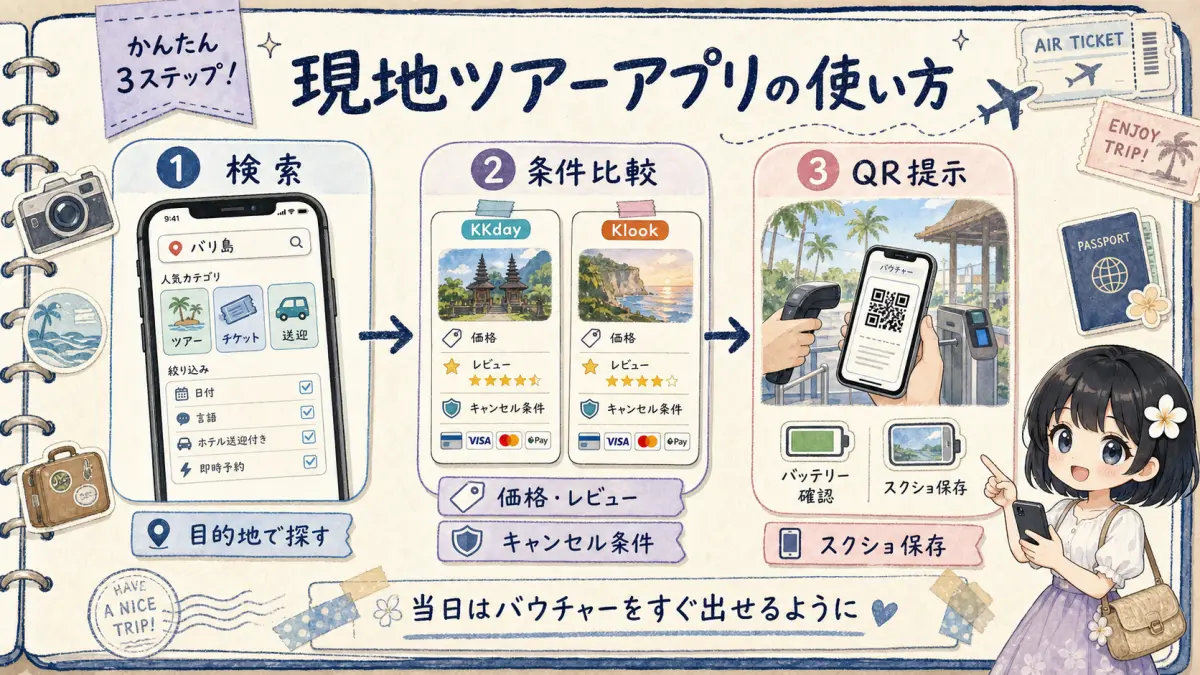 現地ツアー予約アプリの検索からQR提示までの流れを示す図解