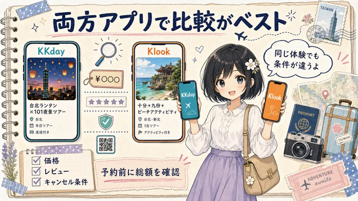 KKdayとKlookの両方のアプリで比較を促すTofuMaruちゃんの図解