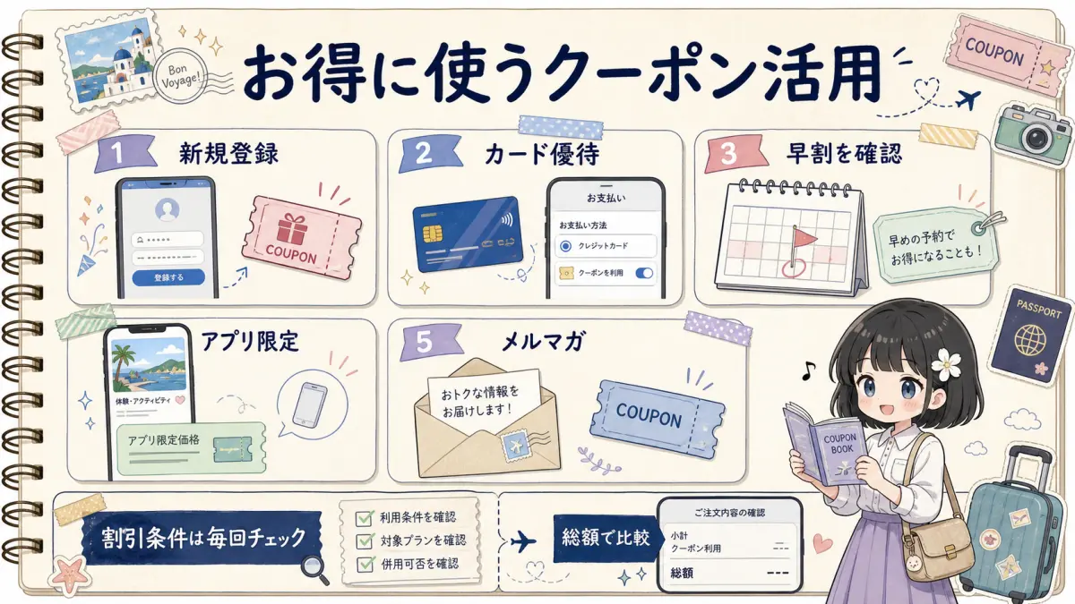 KKdayとKlookのクーポン活用法をまとめた旅行ノート風図解