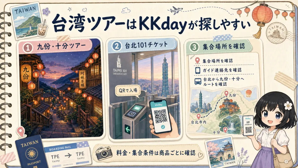 台湾の九份ツアーと台北101チケットをKKdayで探す流れの図解