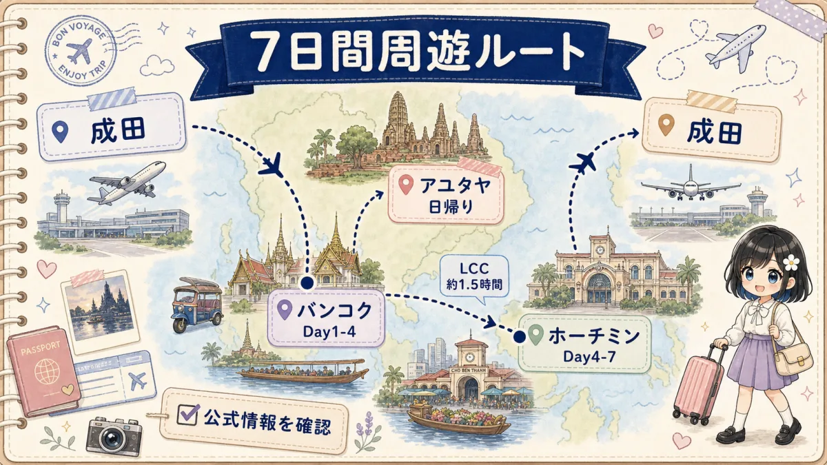 成田からバンコク、アユタヤ、ホーチミンを巡る東南アジア7日間周遊ルートの地図イラスト