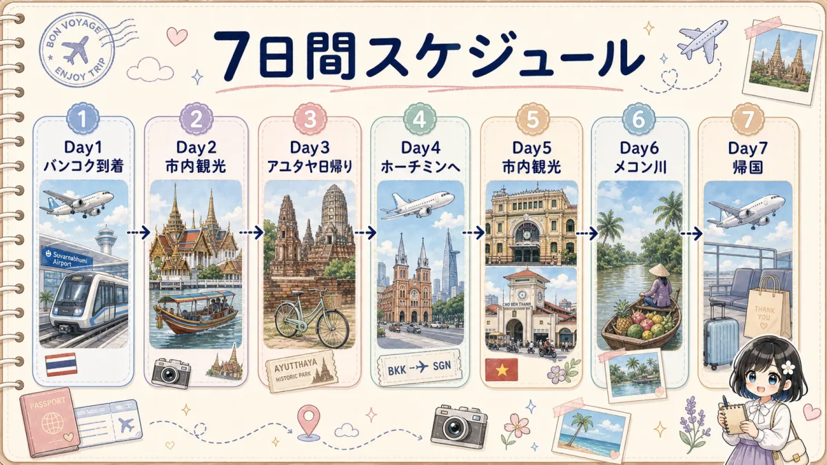 バンコク到着からアユタヤ日帰り、ホーチミン観光、帰国までの7日間スケジュール図