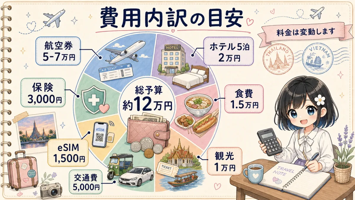 東南アジア7日間旅行の総予算約12万円の費用内訳を示すドーナツチャート