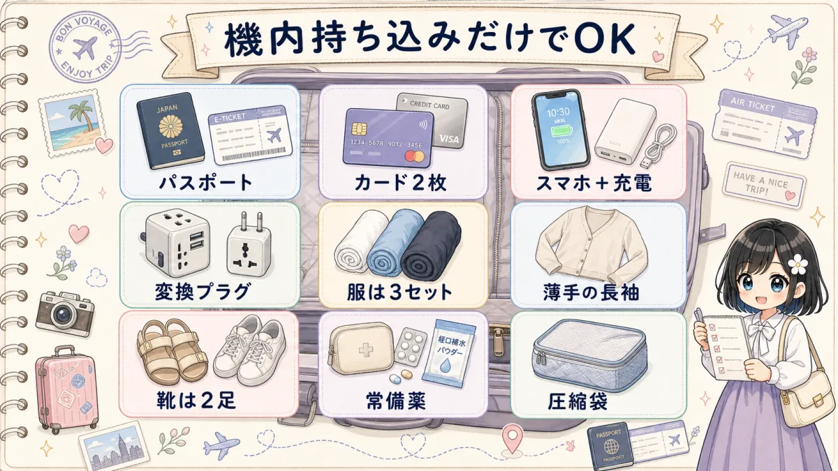 東南アジア7日間旅行を機内持ち込みだけで行くための持ち物リスト図解