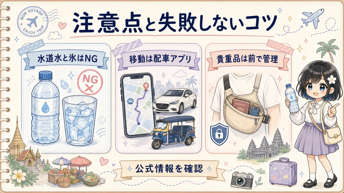 東南アジア旅行で水道水と氷、移動手段、貴重品管理に注意するポイントのイラスト