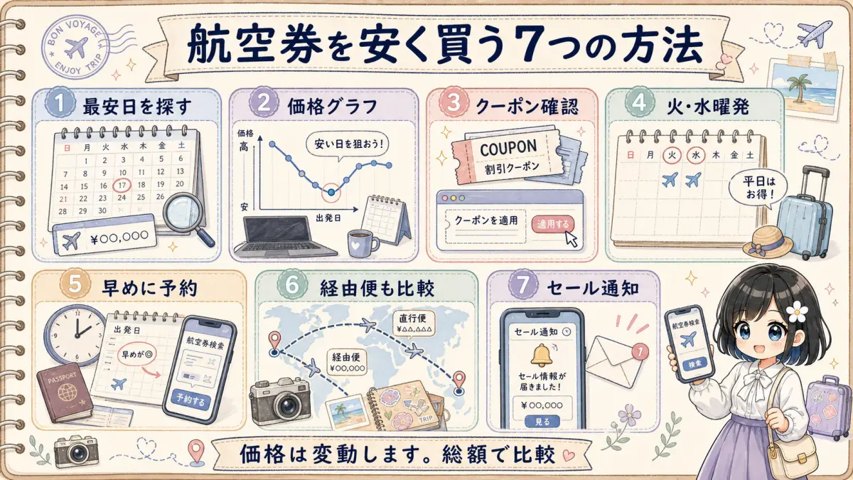 航空券を安く買う7つの方法をまとめた旅行ノート風図解
