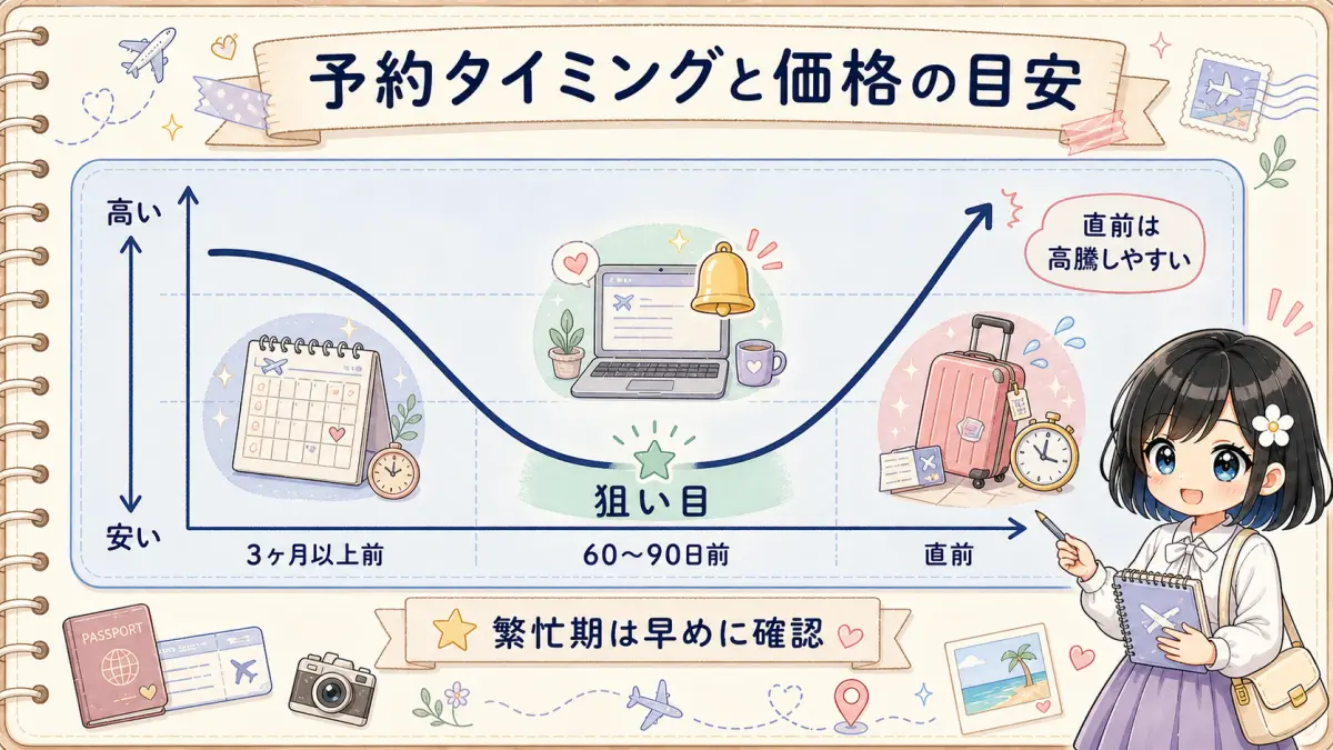 航空券の予約タイミングと価格変動の目安を示すカーブ図