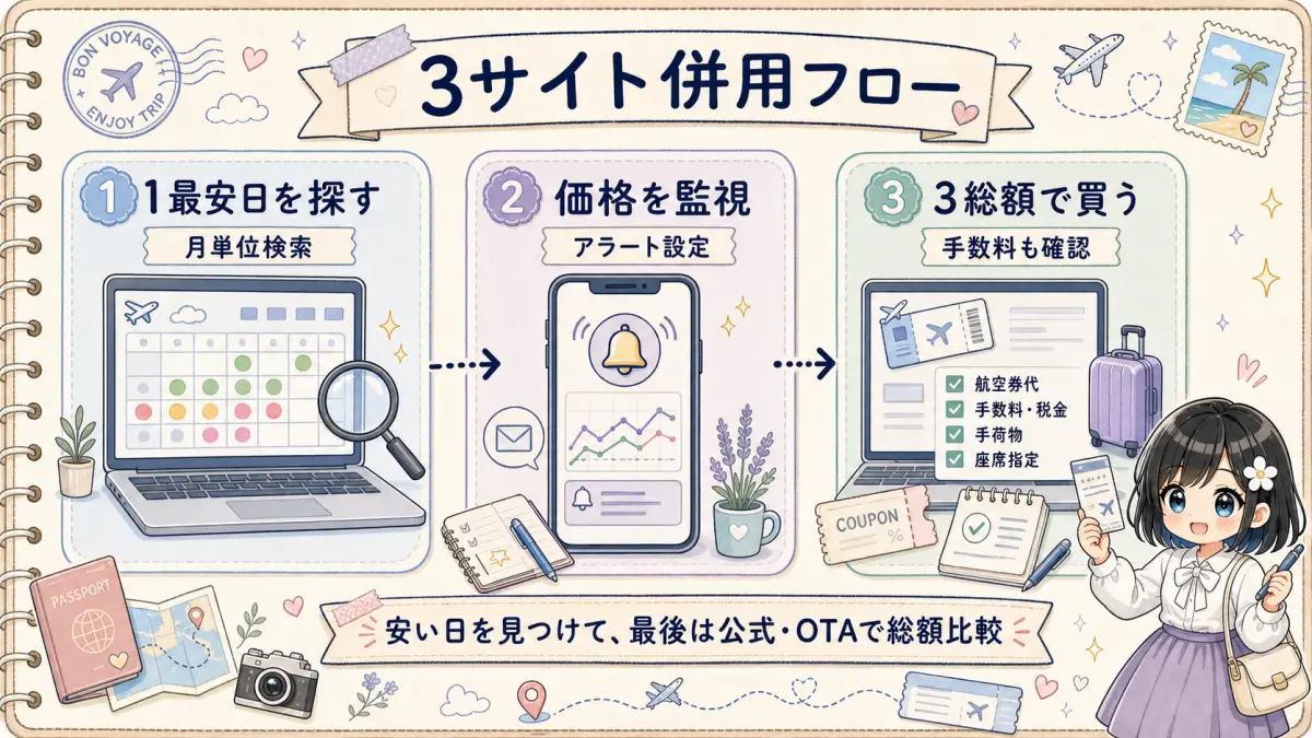 航空券検索で3サイトを併用する流れを示した図解