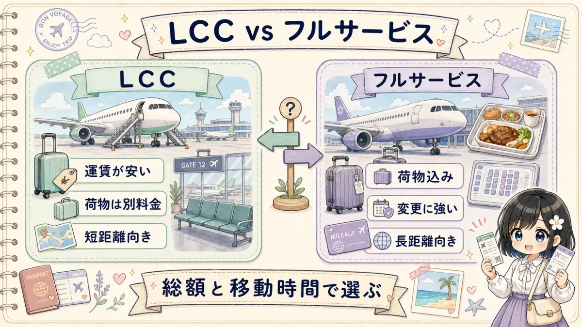 LCCとフルサービス航空会社の違いを比較した図解