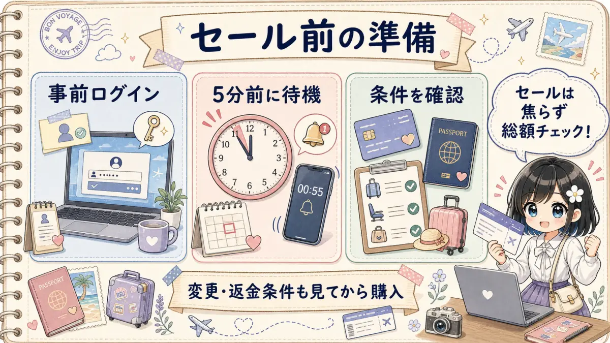 航空券セール前にログインと条件確認を促すTofuMaruちゃんの図解