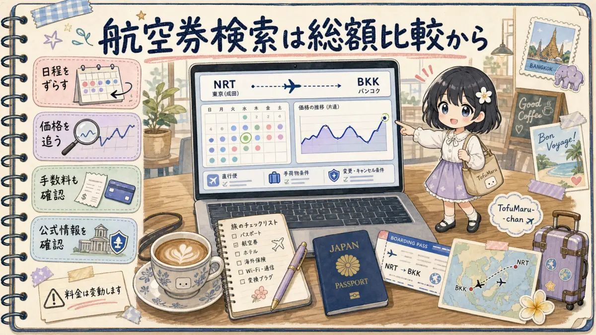 航空券検索は総額比較から始めることを示す旅行ノート風イラスト