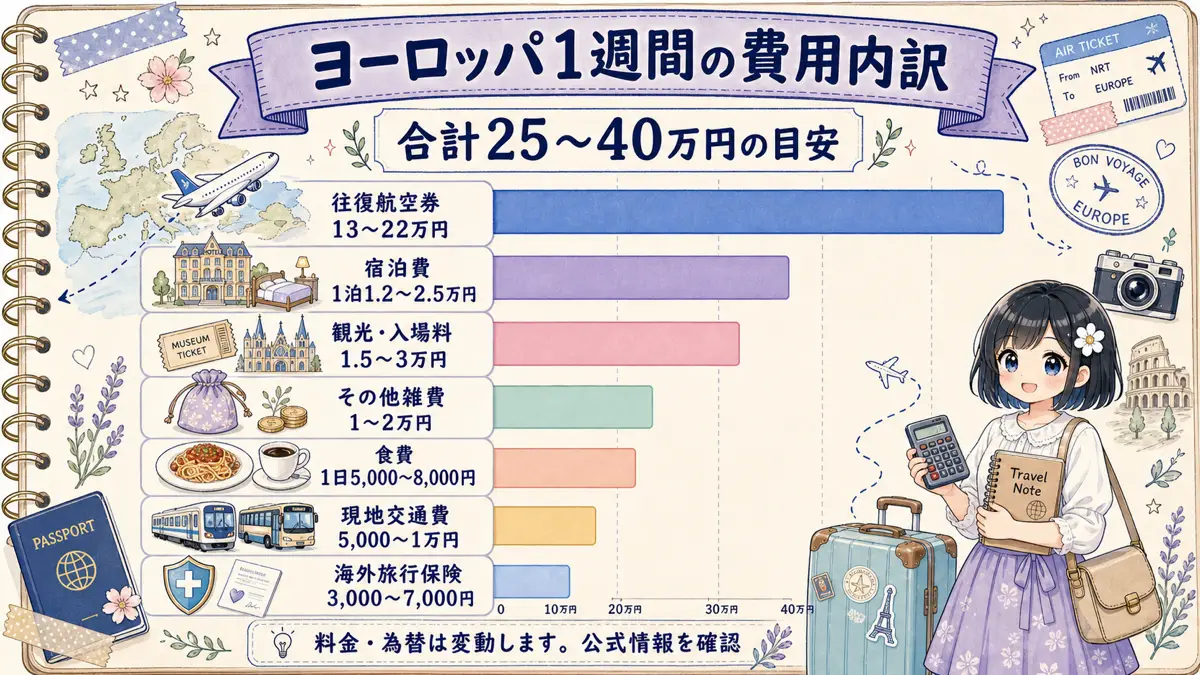 ヨーロッパ1週間旅行の費用内訳を航空券や宿泊費など7項目で示した横棒グラフ