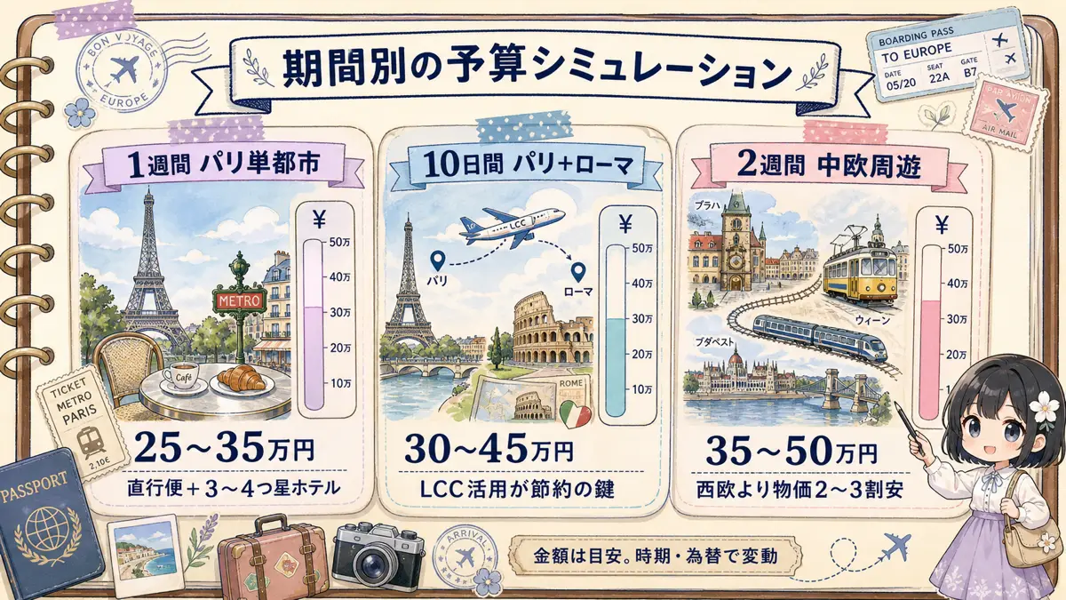 パリ1週間、パリとローマ10日間、中欧2週間のヨーロッパ旅行予算比較