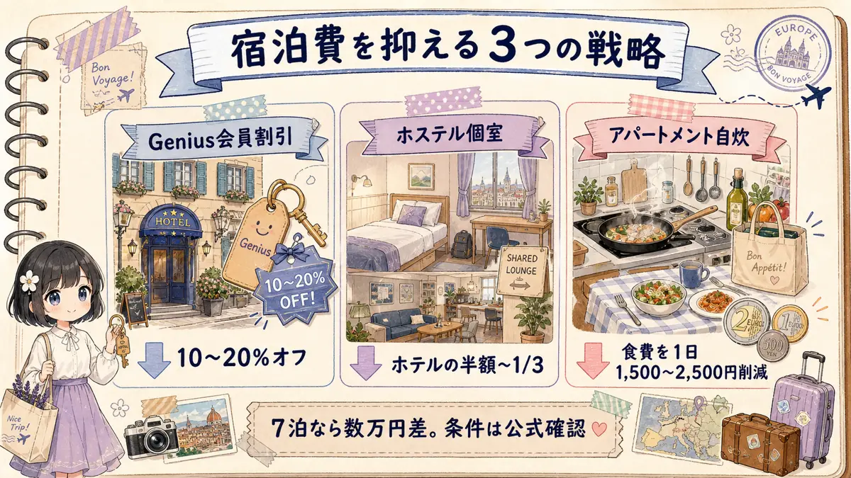 Genius会員割引、ホステル個室、アパートメント自炊で宿泊費を抑える3つの戦略