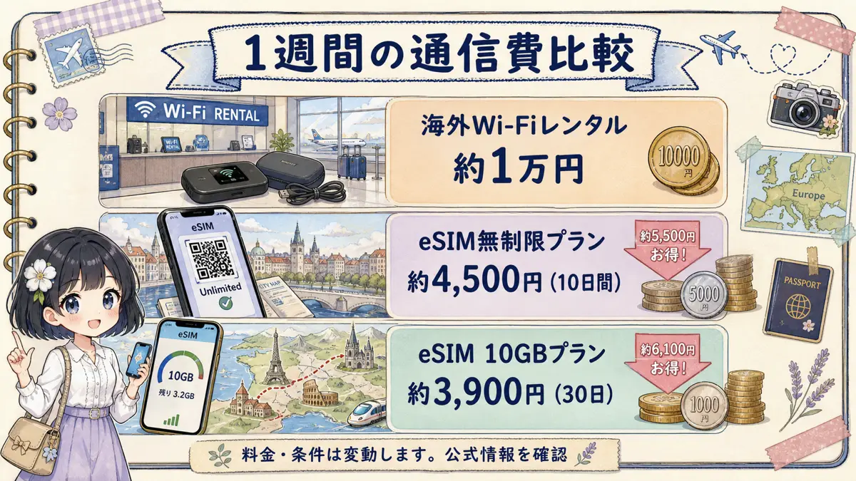 ヨーロッパ旅行1週間の海外Wi-FiレンタルとeSIM料金比較