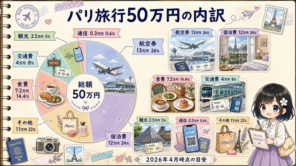 パリ旅行8泊9日50万円の費用内訳を示すドーナツグラフ
