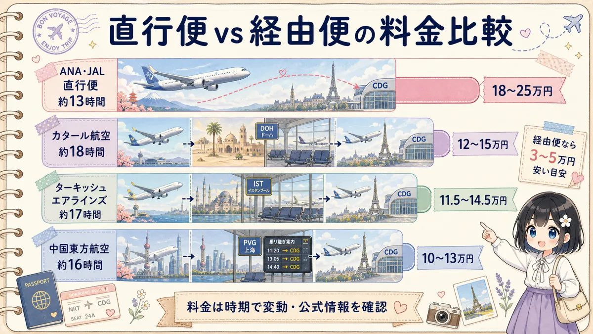日本からパリへの直行便と経由便の料金目安比較図
