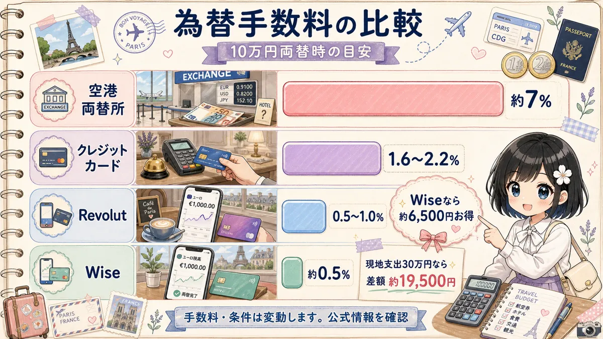 空港両替所、クレジットカード、Revolut、Wiseの為替手数料比較図