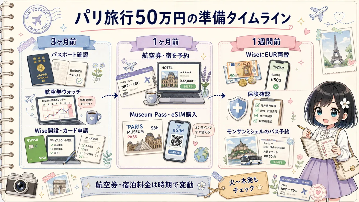 パリ旅行50万円を実現するための3ヶ月前から1週間前までの準備タイムライン