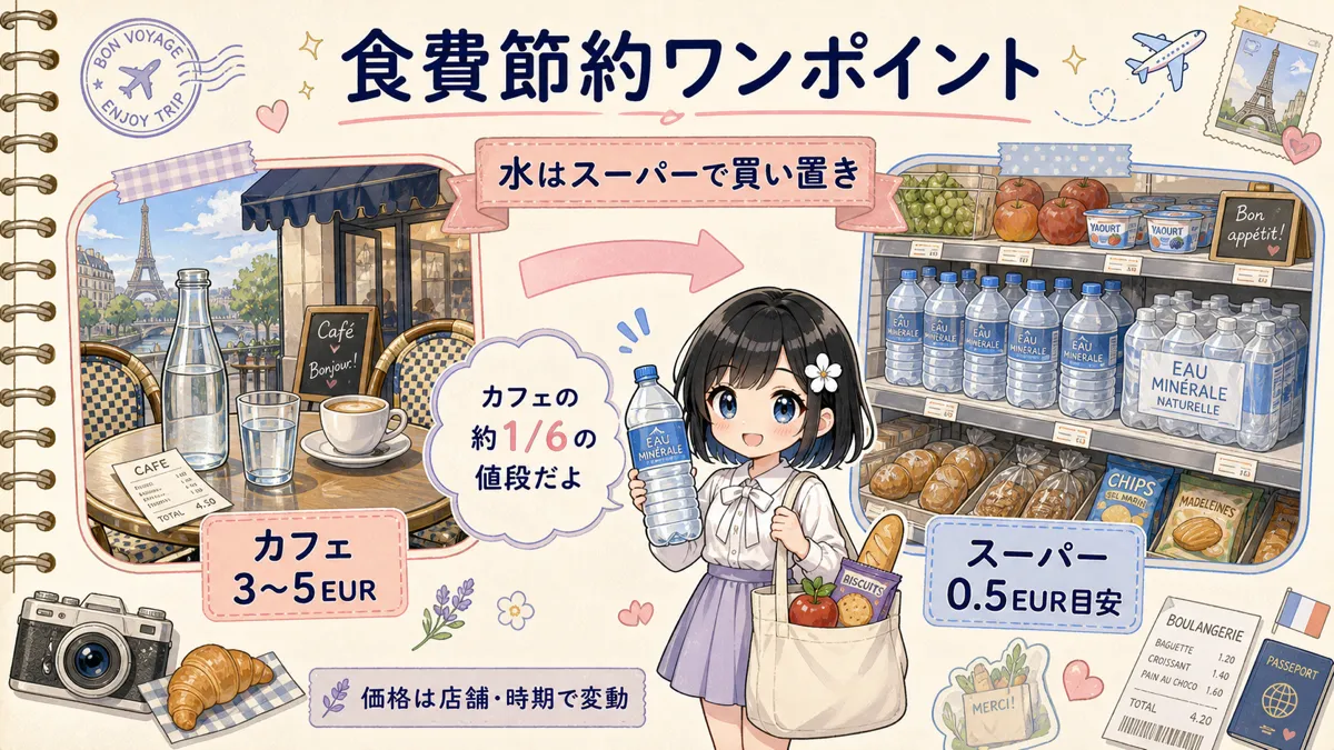 パリの食費節約として水をスーパーで買い置きするワンポイント図