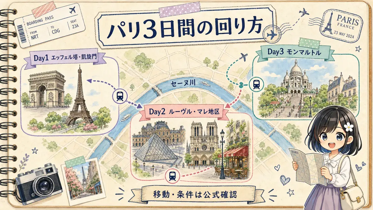 パリ3日間モデルコースのエリア別概要マップ