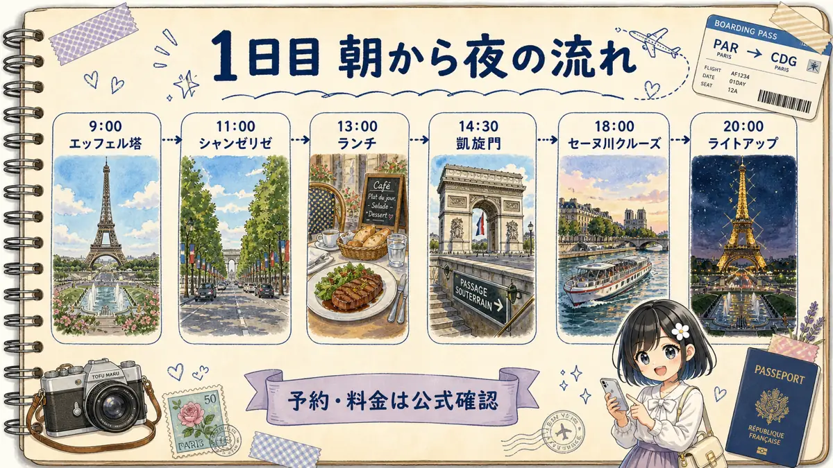 パリ旅行1日目の朝から夜までの観光タイムライン