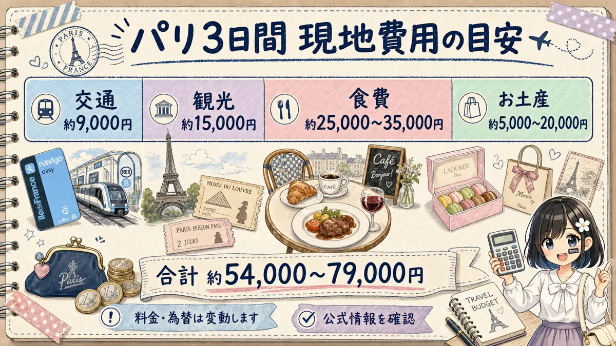 パリ3日間の現地費用目安を交通費、観光、食費、お土産で示した図