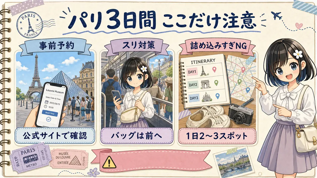 パリ旅行3日間で注意したい事前予約、スリ対策、詰め込みすぎ防止の図解