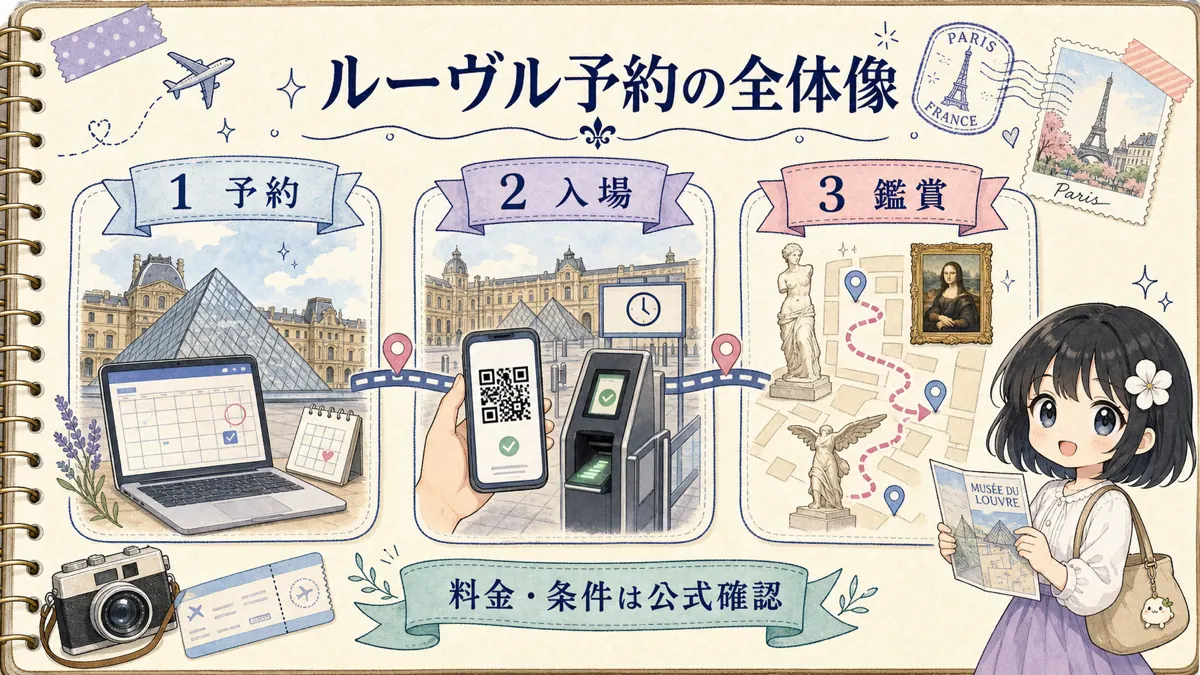 ルーヴル美術館チケット予約から入場、鑑賞までの全体像を示す旅行ノート風図解