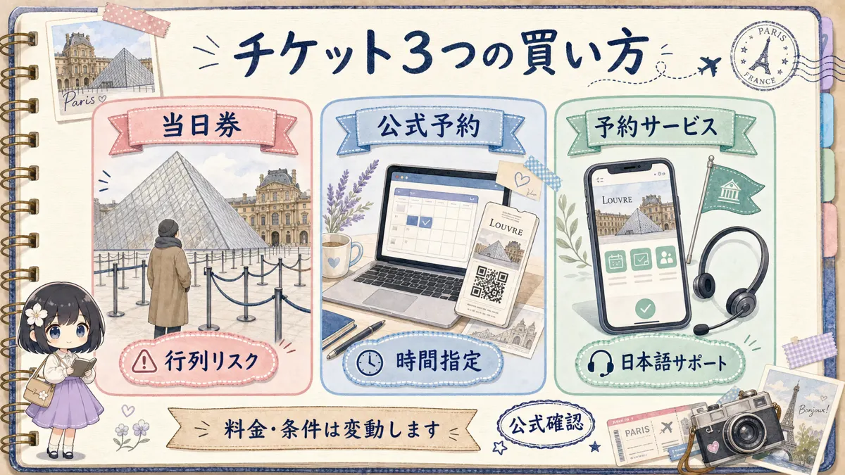 ルーヴル美術館チケットの当日券、公式予約、予約サービスの違いを比較した図解