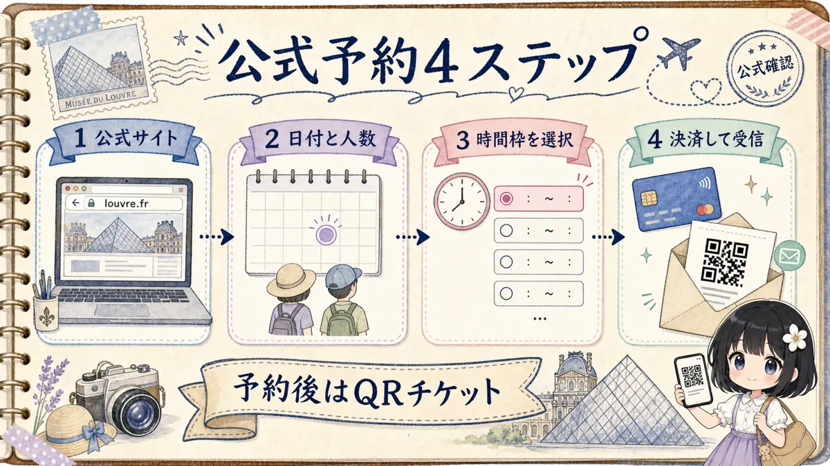 ルーヴル美術館公式サイトでチケットを予約する4ステップを示す図解