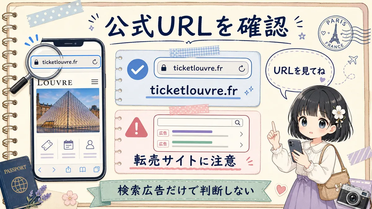 ルーヴル美術館チケット予約時に公式URLを確認する注意喚起イラスト