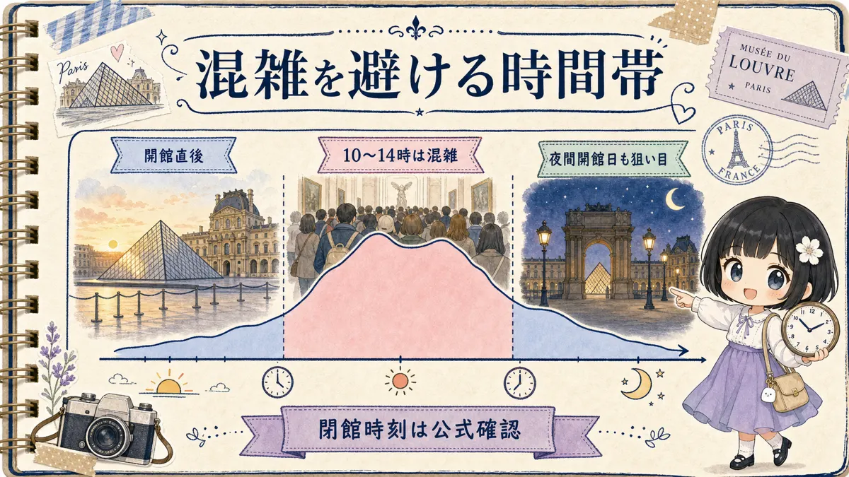 ルーヴル美術館の時間帯別混雑を開館直後、日中、夜間開館で示す図解