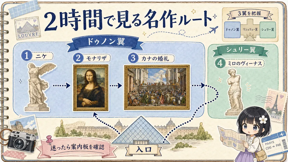 ルーヴル美術館でニケ、モナリザ、カナの婚礼、ミロのヴィーナスを巡る2時間ルート図