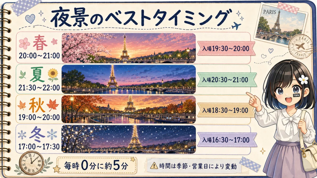エッフェル塔の夜景ベストタイミングを季節別の日没目安と入場時間で示した旅行ノート風図解