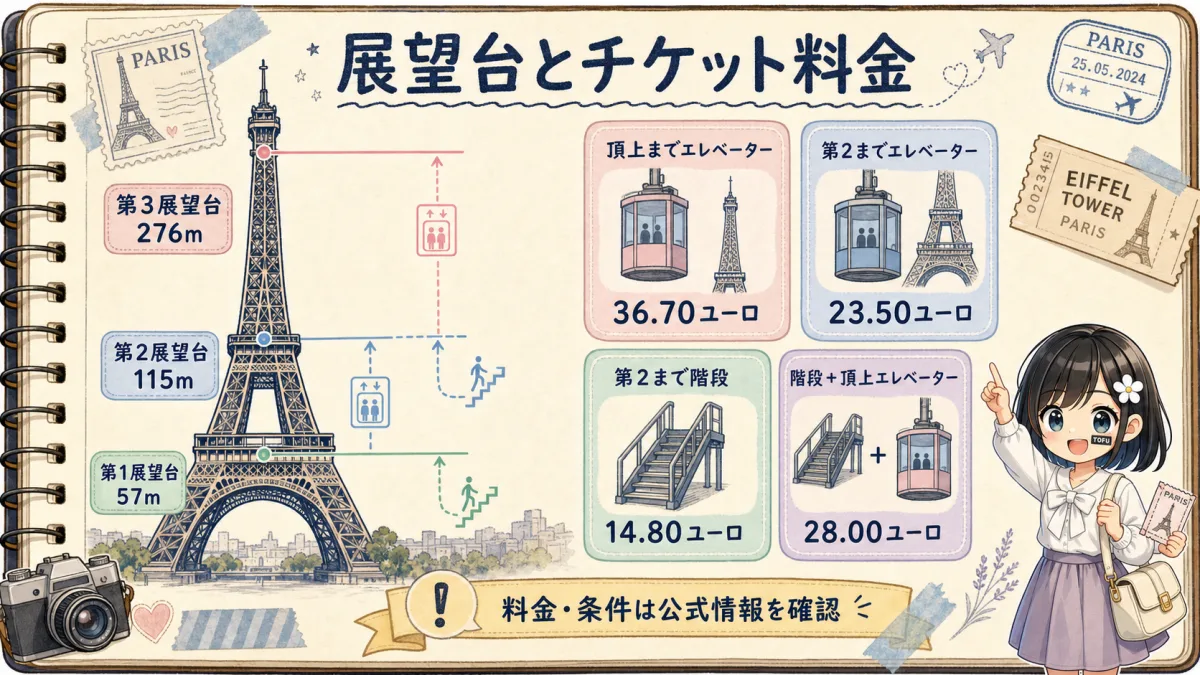エッフェル塔の第1から第3展望台とチケット料金を断面図で整理した旅行ノート風図解