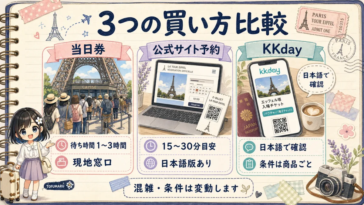 エッフェル塔チケットの当日券、公式サイト予約、KKdayを比較した旅行ノート風マトリクス