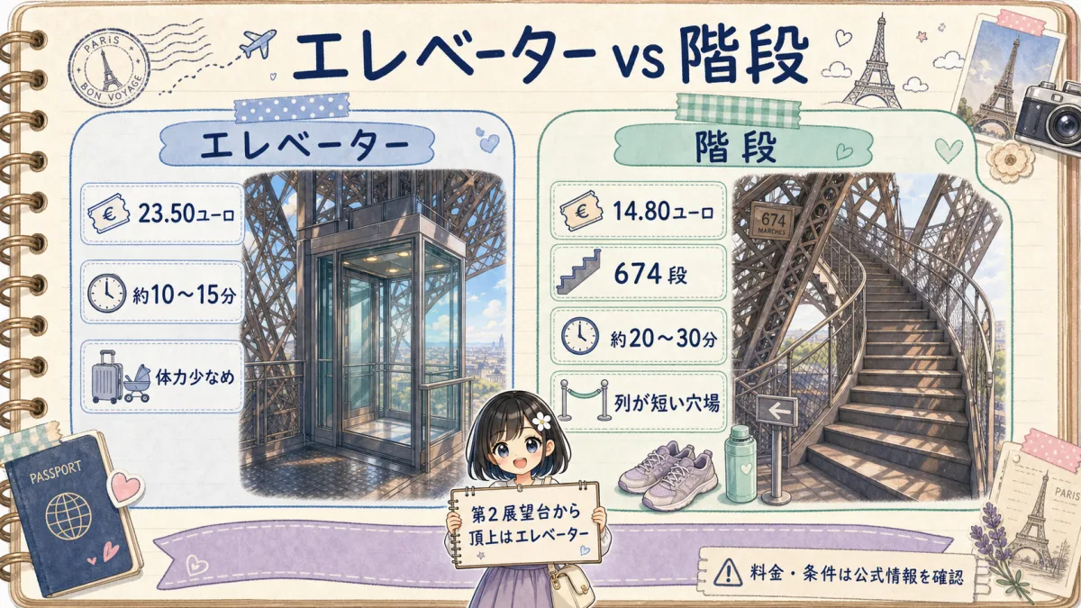 エッフェル塔のエレベーターと階段の料金、所要時間、674段の違いを比較した旅行ノート風図解