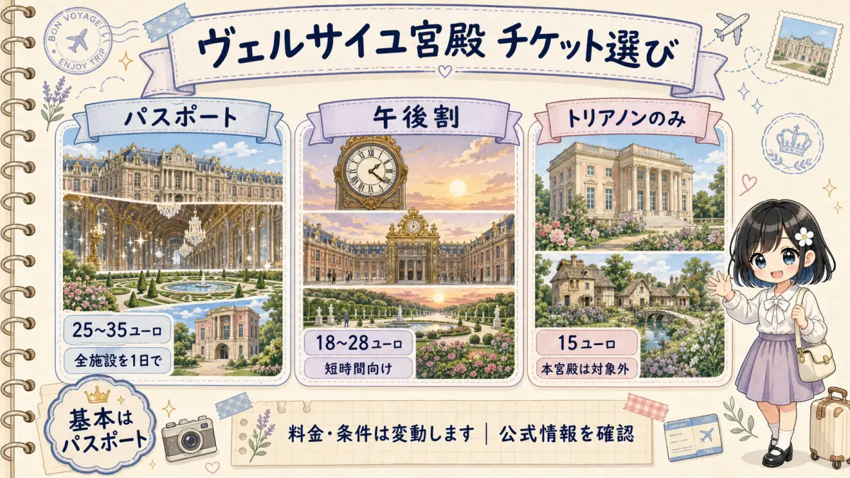 ヴェルサイユ宮殿のパスポート、午後割、トリアノンのみチケットを比較した旅行ノート風図解