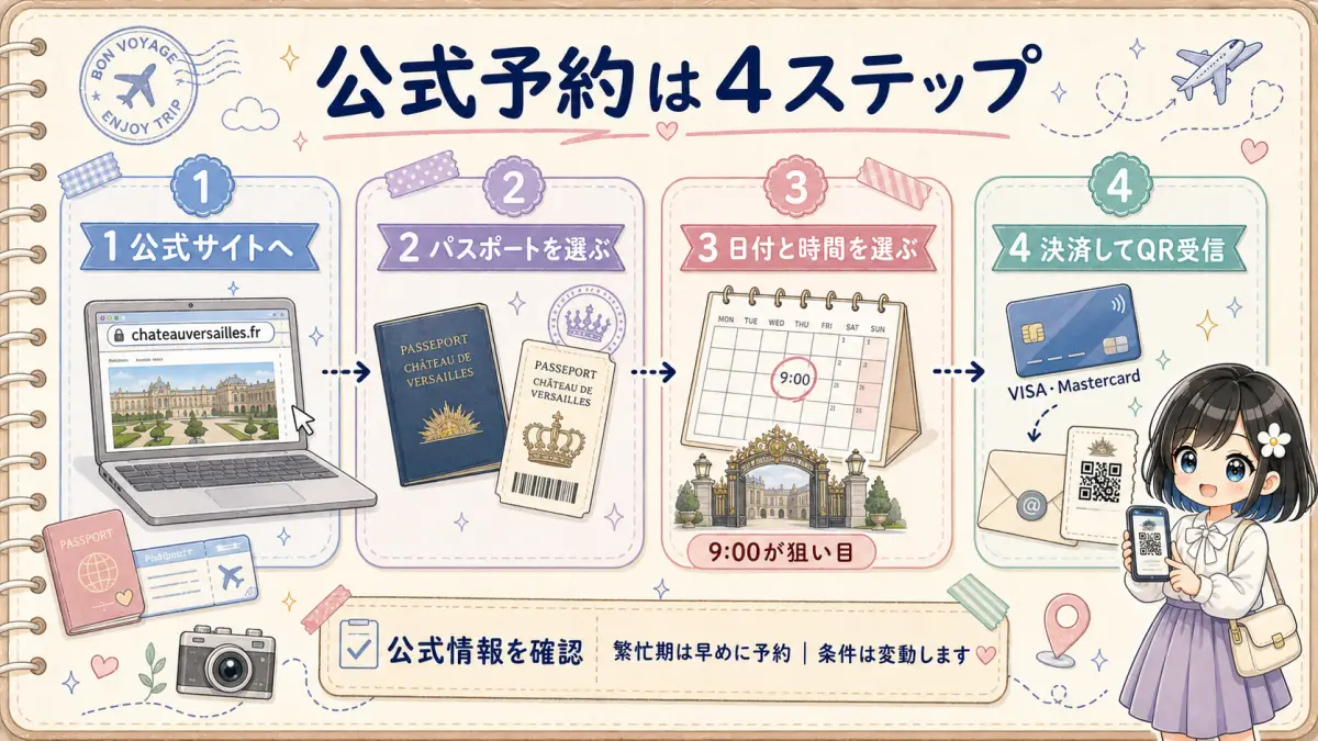 ヴェルサイユ宮殿の公式サイト予約を4ステップで示した旅行ノート風フロー図