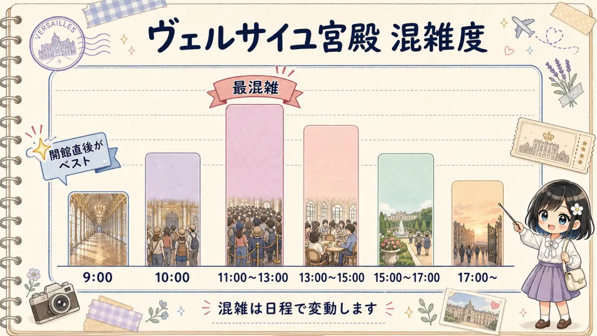 ヴェルサイユ宮殿の時間帯別混雑度と9時入場のおすすめを示す棒グラフ