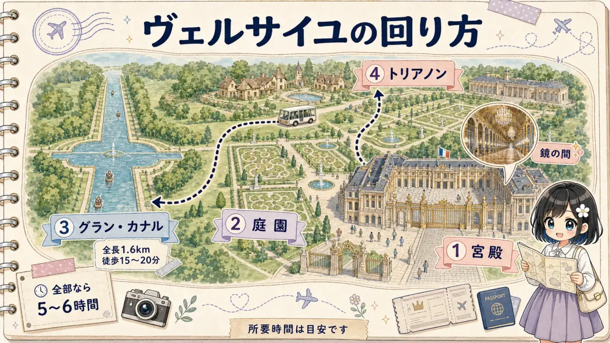 ヴェルサイユ宮殿、庭園、グラン・カナル、トリアノンの回り方を示す敷地マップ