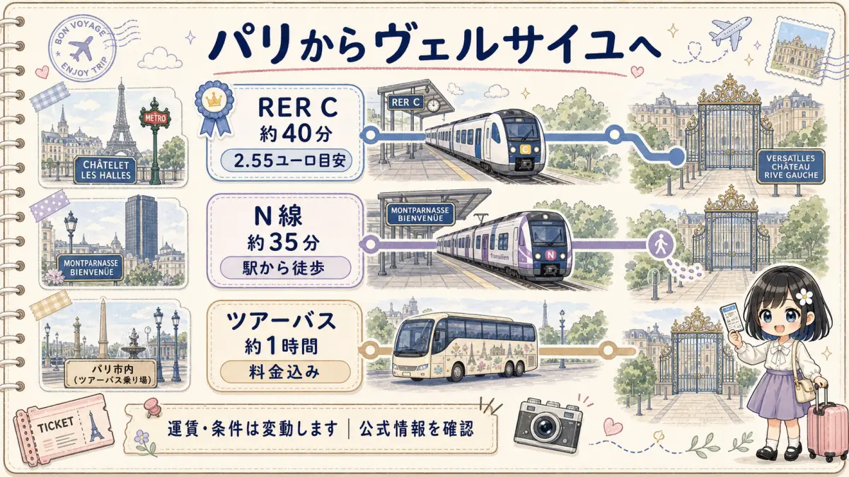 パリからヴェルサイユ宮殿へ行くRER C、N線、ツアーバスのアクセス比較図